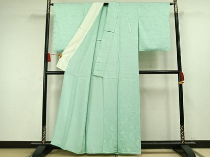 平和屋着物▽上質な色無地 単衣 唐草地紋 青竹色 正絹 逸品 AAAW1426fy