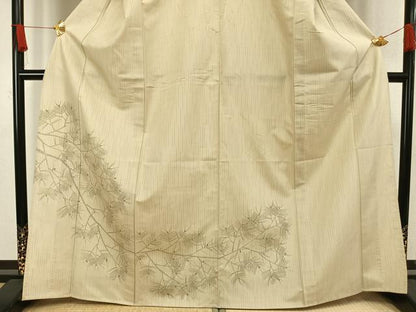 平和屋着物▽訪問着 単衣 紬地 枝葉文 正絹 逸品 AAAW1427fy