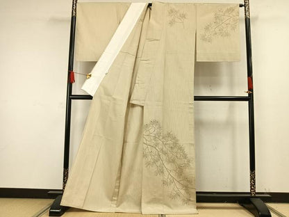 平和屋着物▽訪問着 単衣 紬地 枝葉文 正絹 逸品 AAAW1427fy