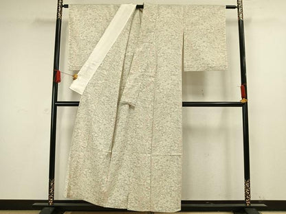平和屋着物▽お召 単衣 草葉文 正絹 逸品 AAAW1432fy