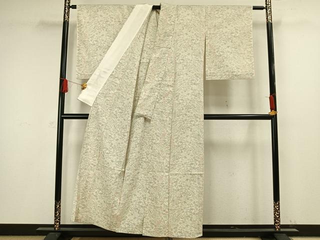 平和屋着物▽お召 単衣 草葉文 正絹 逸品 AAAW1432fy