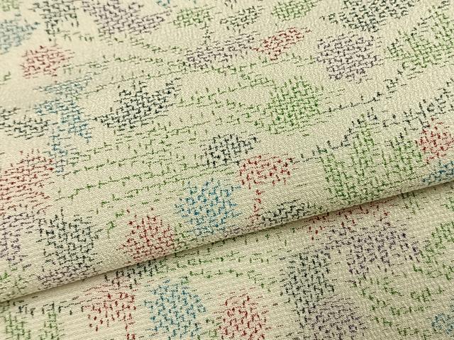 平和屋着物▽お召 単衣 草葉文 正絹 逸品 AAAW1432fy