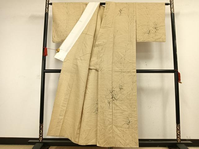 平和屋着物▽訪問着　単衣　紬地　手描き　草花文　正絹　逸品　AAAW1436fy