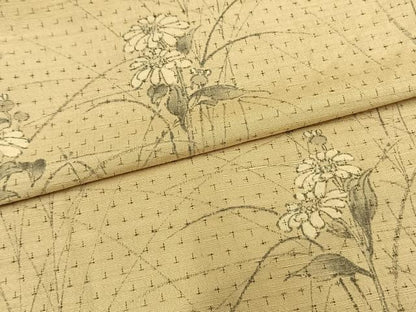 平和屋着物▽訪問着　単衣　紬地　手描き　草花文　正絹　逸品　AAAW1436fy