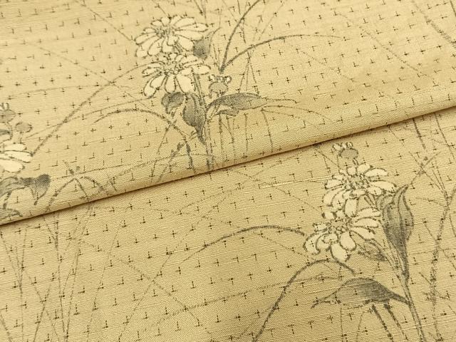 平和屋着物▽訪問着　単衣　紬地　手描き　草花文　正絹　逸品　AAAW1436fy