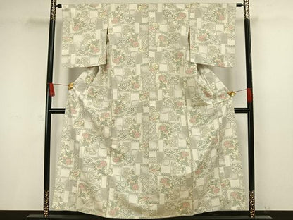 平和屋着物▽上質な紬　単衣　色紙草花文　正絹　逸品　AAAW1438fy