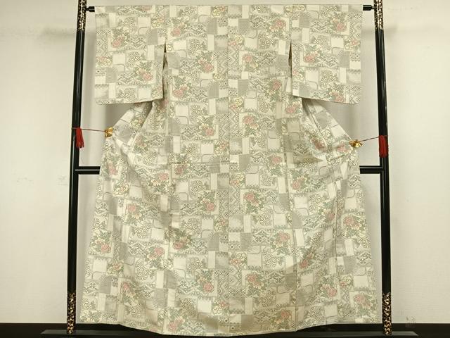 平和屋着物▽上質な紬　単衣　色紙草花文　正絹　逸品　AAAW1438fy