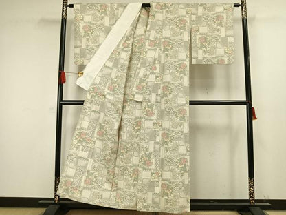 平和屋着物▽上質な紬　単衣　色紙草花文　正絹　逸品　AAAW1438fy