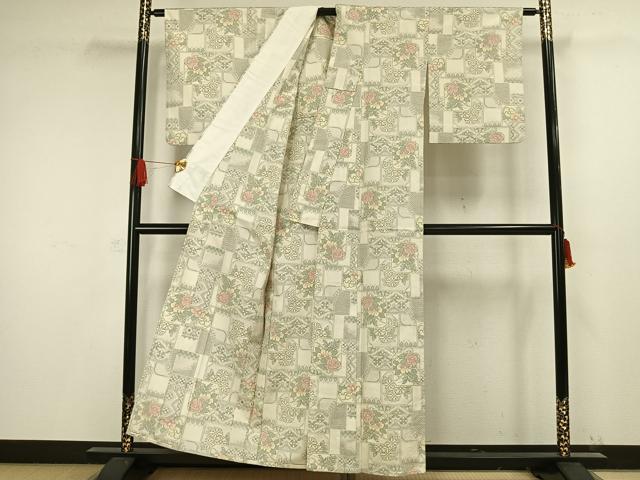平和屋着物▽上質な紬　単衣　色紙草花文　正絹　逸品　AAAW1438fy