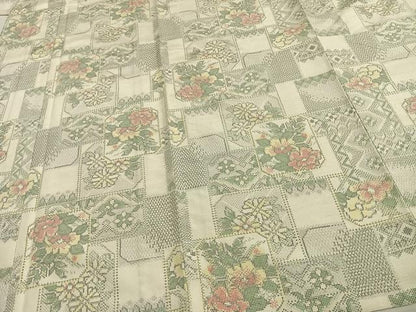 平和屋着物▽上質な紬　単衣　色紙草花文　正絹　逸品　AAAW1438fy