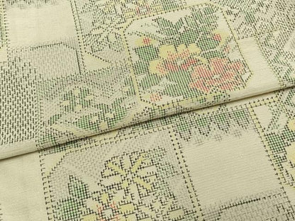 平和屋着物▽上質な紬　単衣　色紙草花文　正絹　逸品　AAAW1438fy