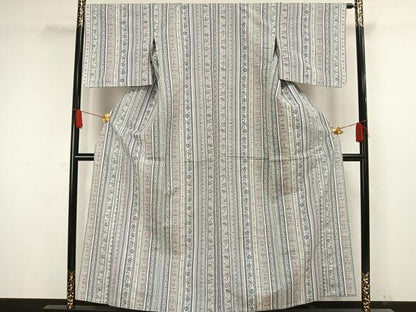 平和屋着物▽小千谷紬 単衣 草花間道 正絹 逸品 AAAW1439fy