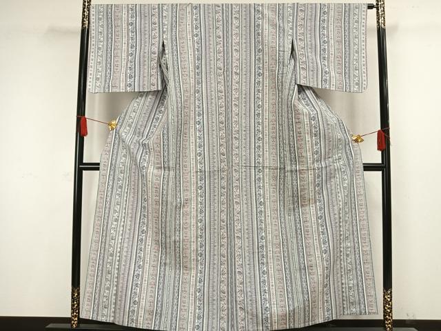平和屋着物▽小千谷紬 単衣 草花間道 正絹 逸品 AAAW1439fy