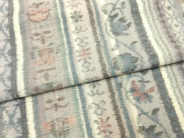 平和屋着物▽小千谷紬 単衣 草花間道 正絹 逸品 AAAW1439fy