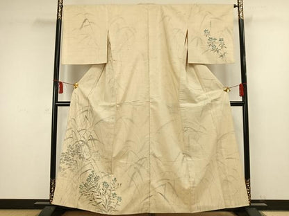 平和屋着物▽訪問着 単衣 生紬 手描き 草花文 正絹 逸品 AAAW1441fy