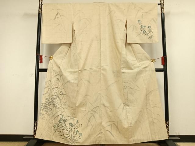 平和屋着物▽訪問着 単衣 生紬 手描き 草花文 正絹 逸品 AAAW1441fy