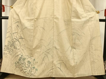 平和屋着物▽訪問着 単衣 生紬 手描き 草花文 正絹 逸品 AAAW1441fy