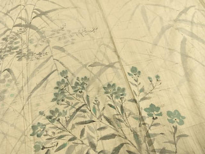 平和屋着物▽訪問着 単衣 生紬 手描き 草花文 正絹 逸品 AAAW1441fy