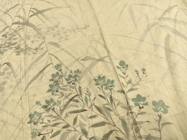 平和屋着物▽訪問着 単衣 生紬 手描き 草花文 正絹 逸品 AAAW1441fy