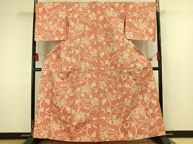 平和屋着物▽上質な紬 単衣 花唐草文 正絹 逸品 AAAW1445fy