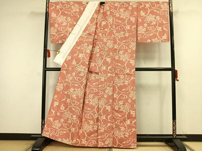 平和屋着物▽上質な紬 単衣 花唐草文 正絹 逸品 AAAW1445fy