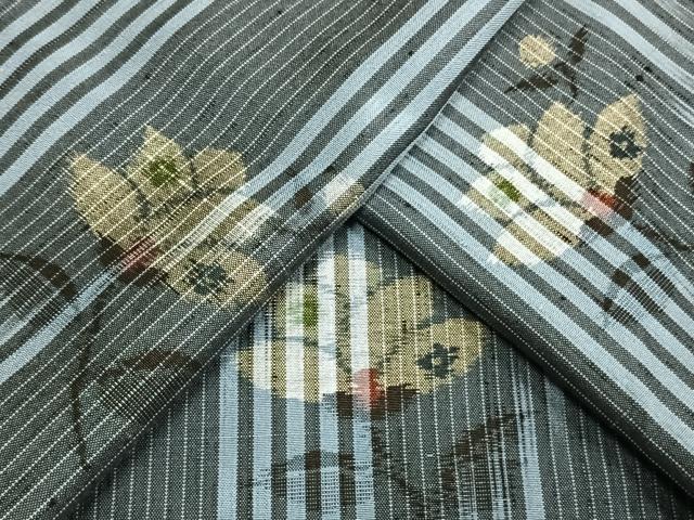 平和屋着物▽上質な紬　単衣　草花文　正絹　逸品　AAAW1448fy