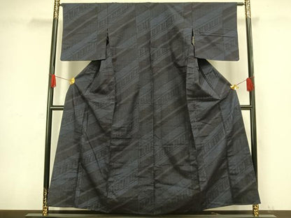 平和屋着物▽結城紬　単衣　80亀甲　斜縞　正絹　逸品　未使用　AAAW1451fy