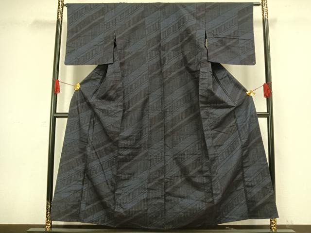 平和屋着物▽結城紬　単衣　80亀甲　斜縞　正絹　逸品　未使用　AAAW1451fy