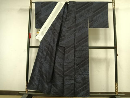 平和屋着物▽結城紬　単衣　80亀甲　斜縞　正絹　逸品　未使用　AAAW1451fy