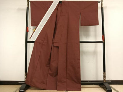 平和屋着物▽石川県指定無形文化財　牛首紬　白山工房　手織り　単衣　色無地　本草木染　海老茶色　反端付き　正絹　逸品　AAAW1465fy