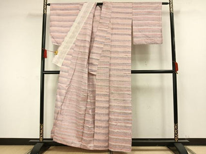 平和屋着物▽上質な紬 単衣 横縞 正絹 逸品 AAAW1466fy