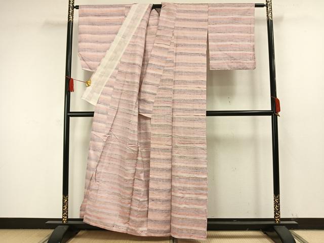 平和屋着物▽上質な紬 単衣 横縞 正絹 逸品 AAAW1466fy
