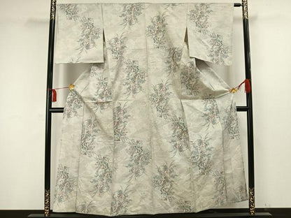 平和屋着物▽上質な紬 単衣 色紙草花文 正絹 逸品 未使用 AAAW1467fy