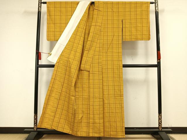 平和屋着物▽上質な紬 単衣 格子 正絹 逸品 AAAW1469fy