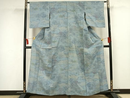 平和屋着物▽上質な紬 単衣 草花文 正絹 逸品 AAAW1473fy