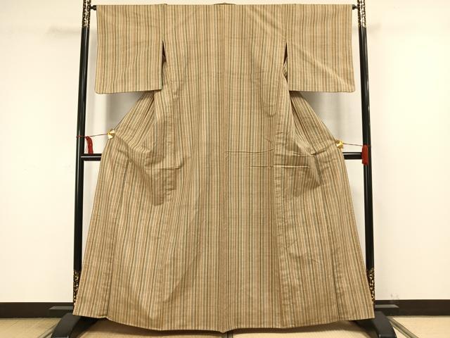 平和屋着物▽上質な紬 単衣 縞 正絹 逸品 AAAW1477fy