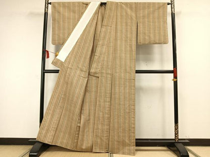 平和屋着物▽上質な紬 単衣 縞 正絹 逸品 AAAW1477fy