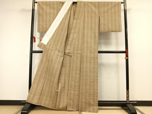 平和屋着物▽上質な紬 単衣 縞 正絹 逸品 AAAW1477fy