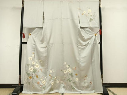 平和屋着物▽訪問着　単衣　駒刺繍　草花文　金彩　ロング丈　正絹　逸品　AAAW1482fy