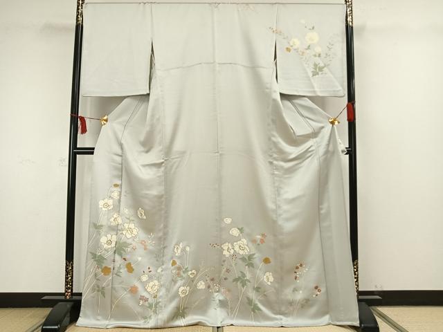 平和屋着物▽訪問着　単衣　駒刺繍　草花文　金彩　ロング丈　正絹　逸品　AAAW1482fy