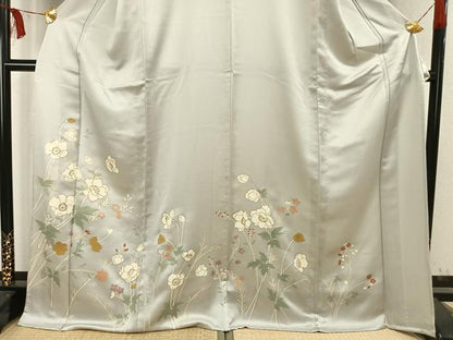 平和屋着物▽訪問着　単衣　駒刺繍　草花文　金彩　ロング丈　正絹　逸品　AAAW1482fy