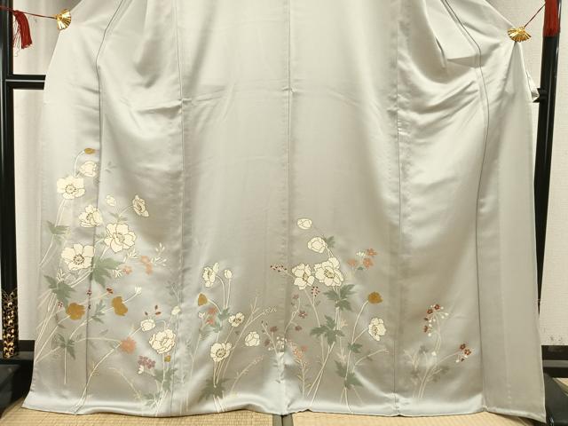 平和屋着物▽訪問着　単衣　駒刺繍　草花文　金彩　ロング丈　正絹　逸品　AAAW1482fy