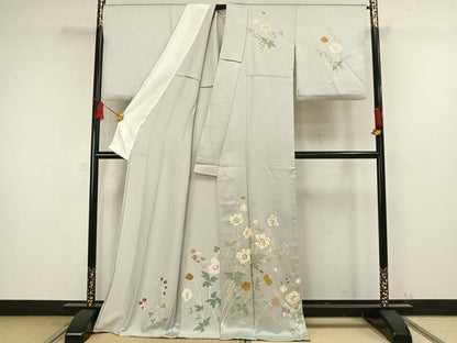 平和屋着物▽訪問着　単衣　駒刺繍　草花文　金彩　ロング丈　正絹　逸品　AAAW1482fy