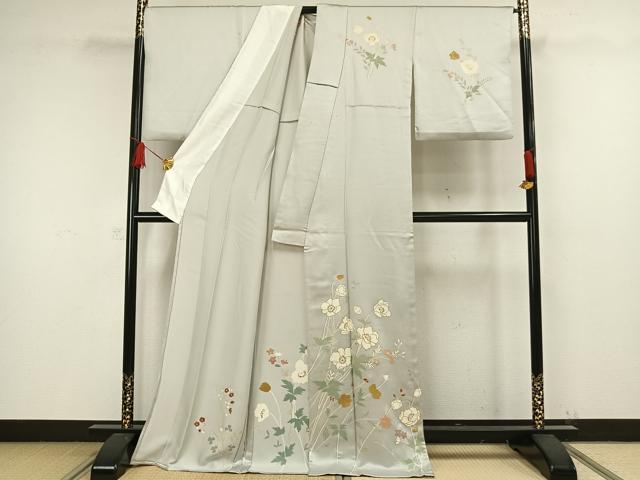 平和屋着物▽訪問着　単衣　駒刺繍　草花文　金彩　ロング丈　正絹　逸品　AAAW1482fy