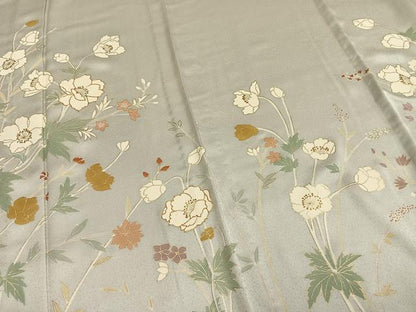 平和屋着物▽訪問着　単衣　駒刺繍　草花文　金彩　ロング丈　正絹　逸品　AAAW1482fy