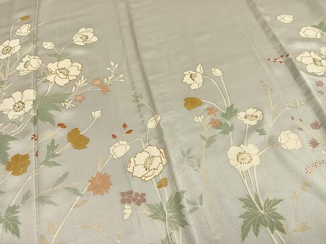 平和屋着物▽訪問着　単衣　駒刺繍　草花文　金彩　ロング丈　正絹　逸品　AAAW1482fy