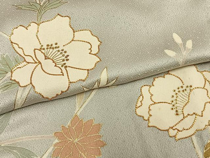 平和屋着物▽訪問着　単衣　駒刺繍　草花文　金彩　ロング丈　正絹　逸品　AAAW1482fy