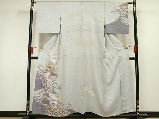 平和屋着物▽訪問着　単衣　駒刺繍　絞り　草花文　金彩　正絹　逸品　AAAW1493fy