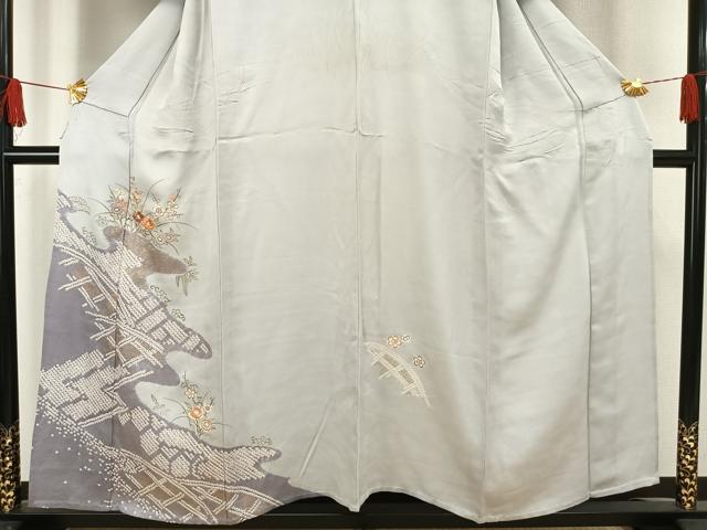 平和屋着物▽訪問着　単衣　駒刺繍　絞り　草花文　金彩　正絹　逸品　AAAW1493fy