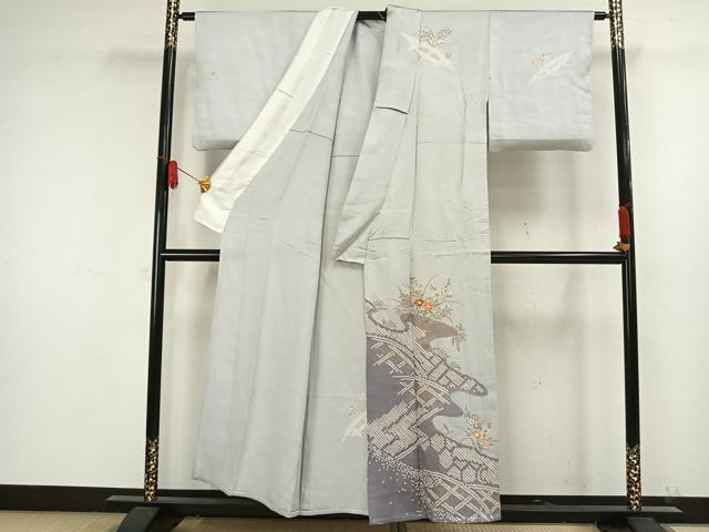 平和屋着物▽訪問着　単衣　駒刺繍　絞り　草花文　金彩　正絹　逸品　AAAW1493fy